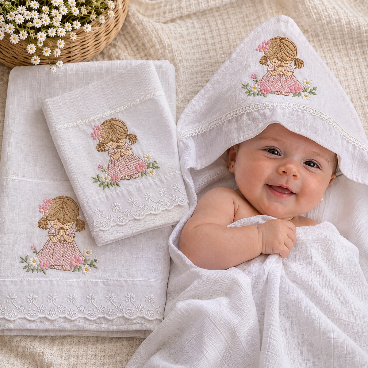 Kit Aconchego Premium-Branco-3 Peças/ Valletex Premium - Menina Orando
