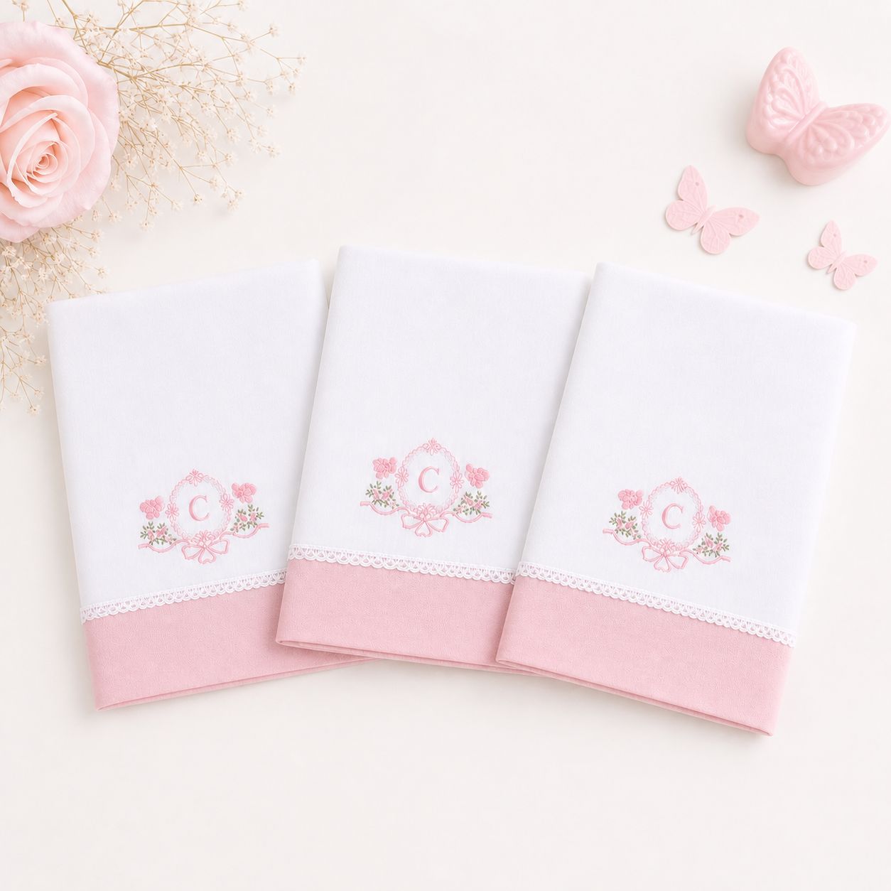 Kit com 3 lenços de boca - Feminino - Rosa Bebe- Borboletas 3D