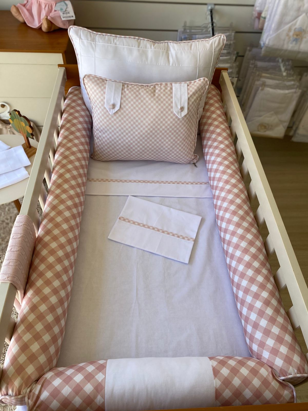 Kit Berço Xadrez Encanto - 8 Peças - Rose/Branco-feminino