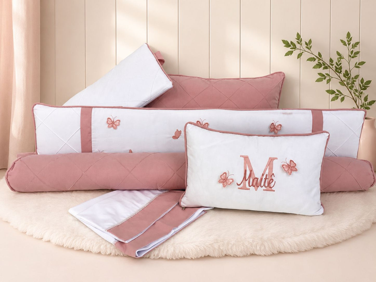Kit Berço Encantado Luxo Borboletas 3D- 8 Peças - Rose/Branco-feminino