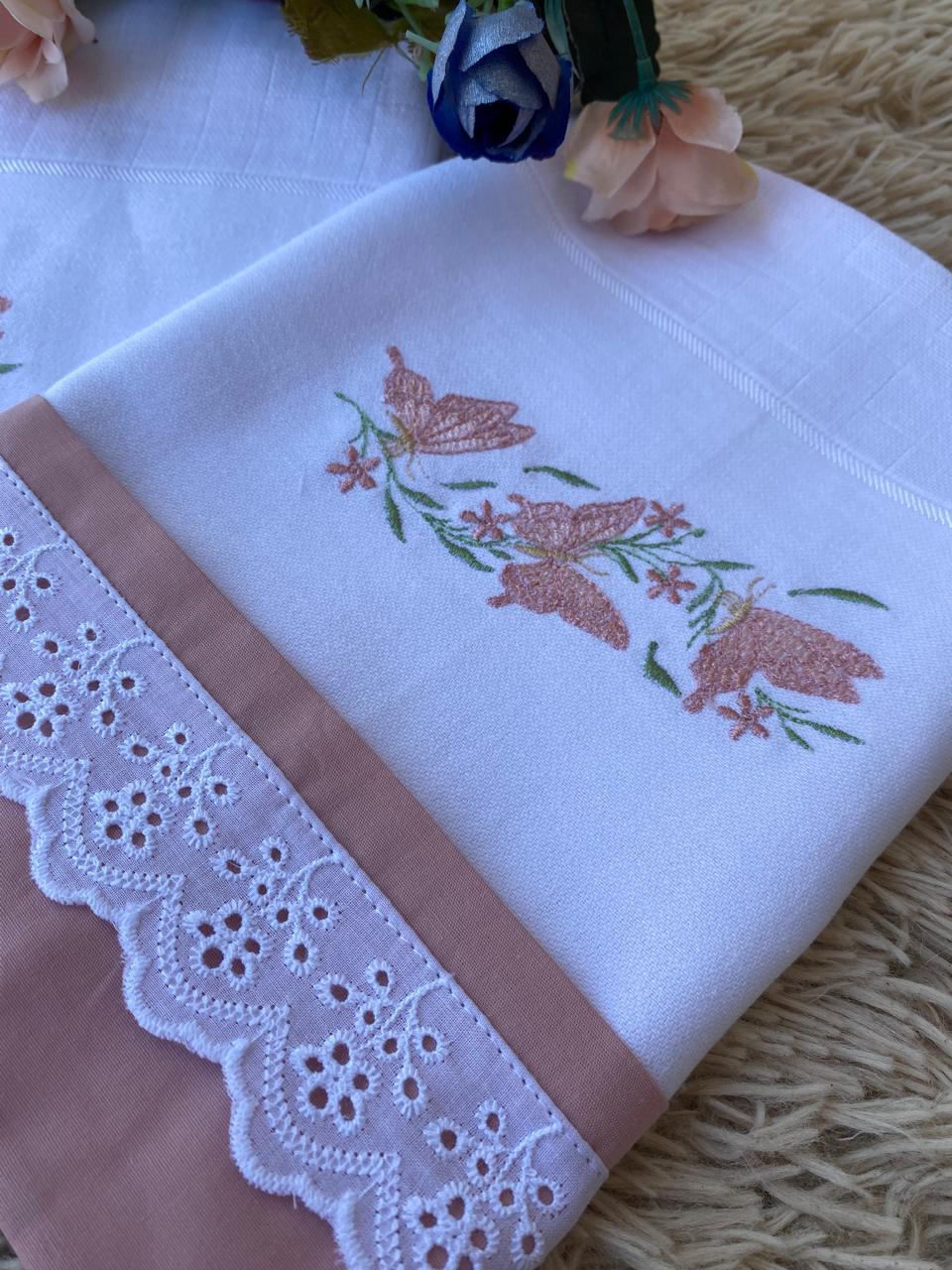 Kit 2 Peças Luxo- Fralda / Lenço de Boca-Valletex-Rose Escuro-Borboletas no Galho