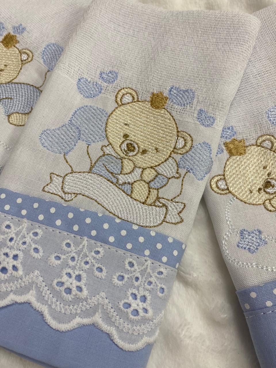 Kit com 3 lenços de boca -Masculino- Azul Bebe- Ursinho Nas Nuvens