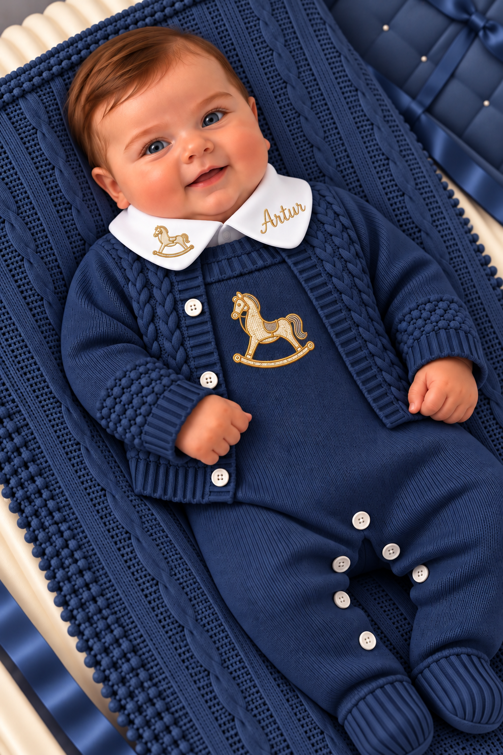 Saida Maternidade Linha 4 pecas Cavalinho masculino-Azul marinho- Personalizado