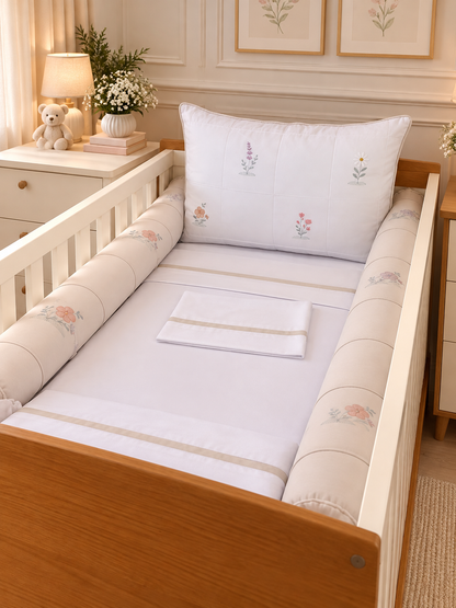 Kit Berço Encanto Luxo flores bordadas- 7 Peças - Beje Areia/branco