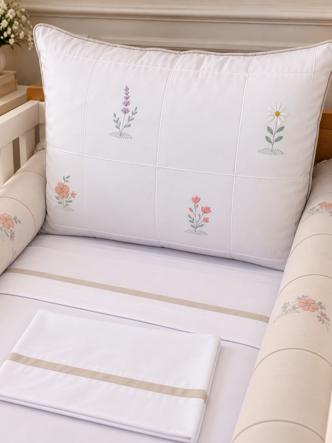 Kit Berço Encanto Luxo flores bordadas- 7 Peças - Beje Areia/branco