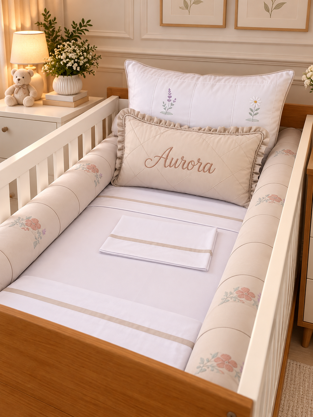 Kit Berço Encanto Luxo flores bordadas- 7 Peças - Beje Areia/branco