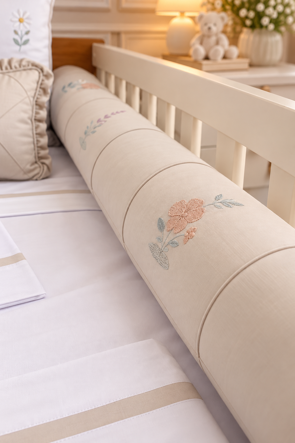 Kit Berço Encanto Luxo flores bordadas- 7 Peças - Beje Areia/branco