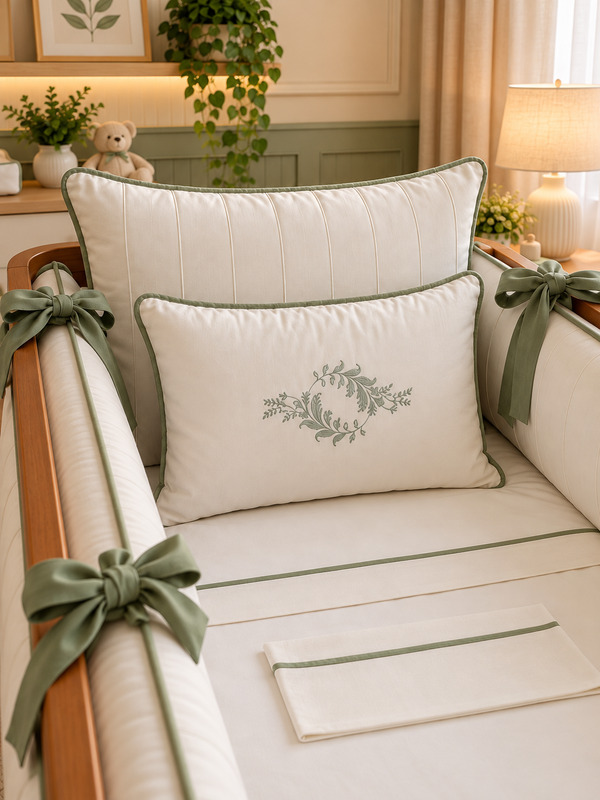 Kit de Berço Clássico Elegance-off-white com verde salvia- Slim - 8 Peças