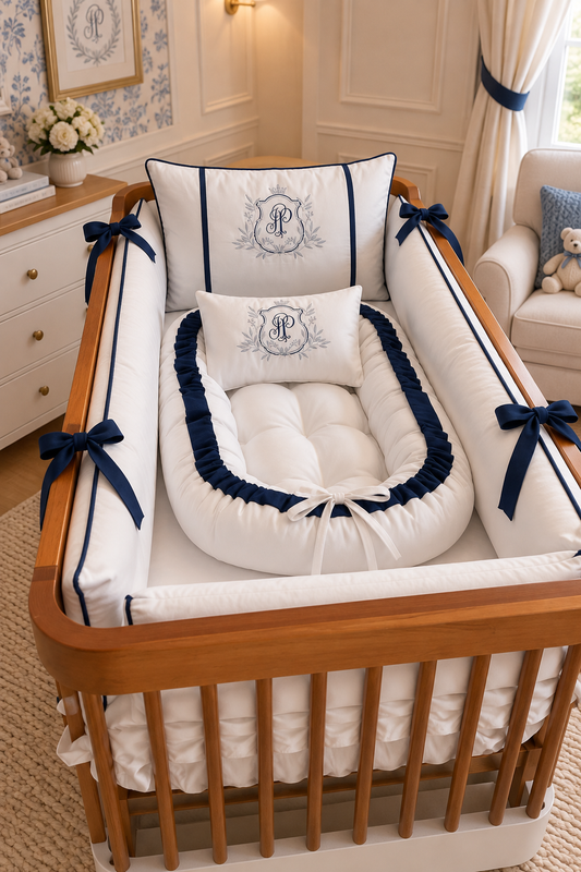 Kit de Berço Essence Majestade- Slim-Branco/Azul Marinho-8 Peças