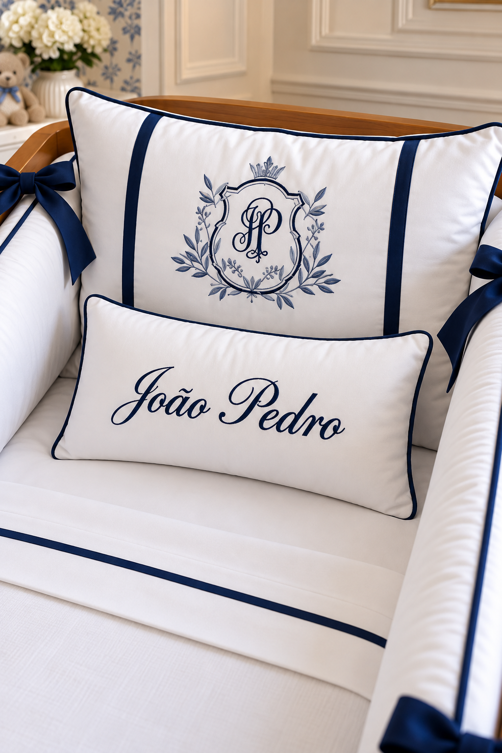 Kit de Berço Essence Majestade- Slim-Branco/Azul Marinho-8 Peças