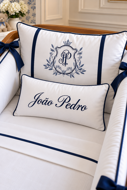 Kit de Berço Essence Majestade- Slim-Branco/Azul Marinho-8 Peças