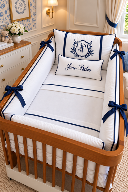 Kit de Berço Essence Majestade- Slim-Branco/Azul Marinho-8 Peças