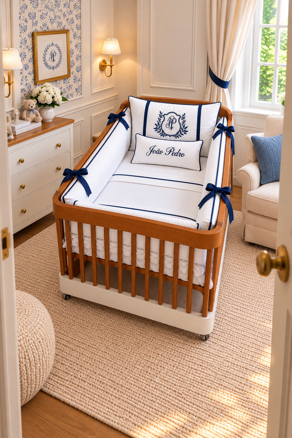 Kit de Berço Essence Majestade- Slim-Branco/Azul Marinho-8 Peças