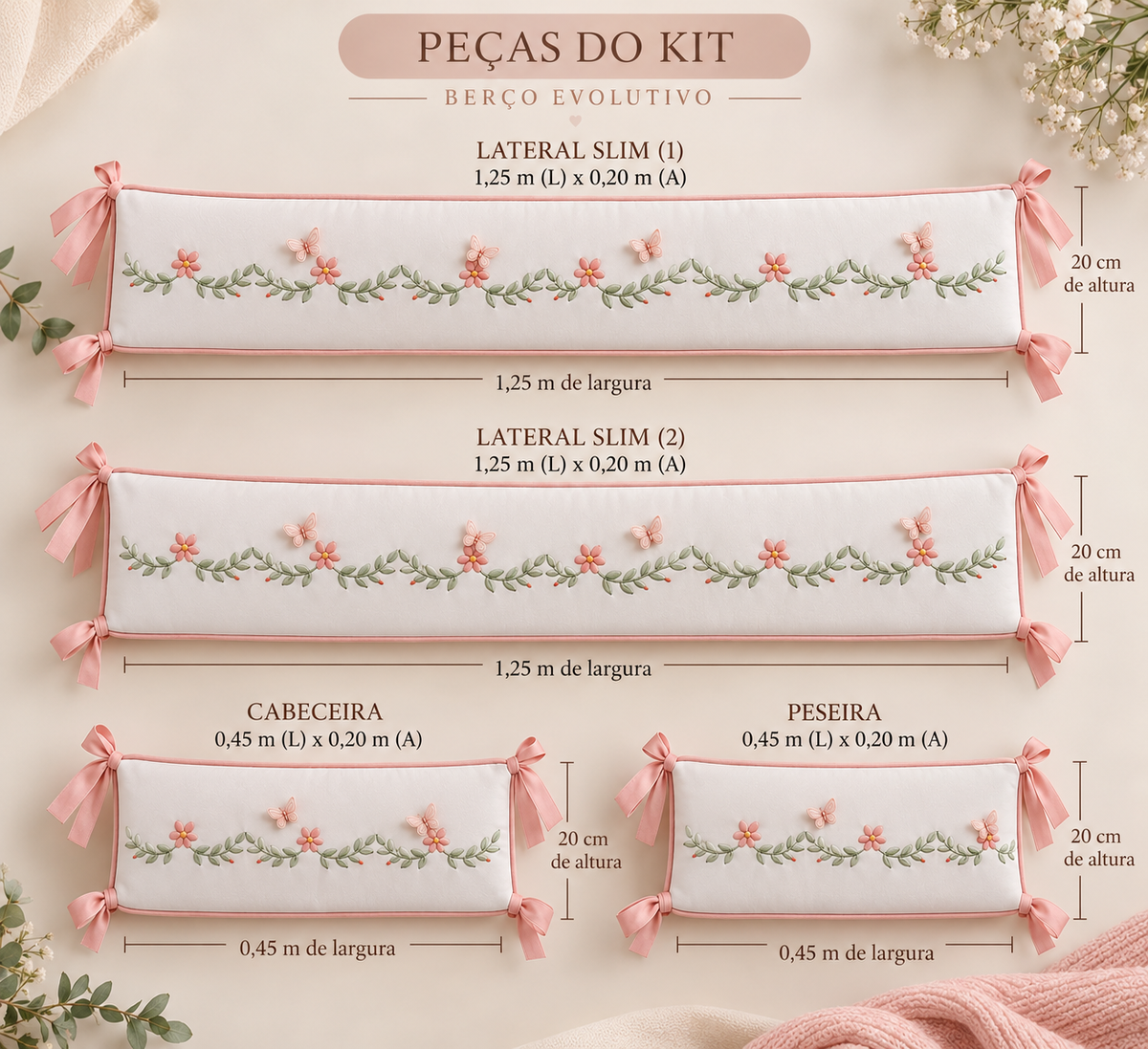 Kit Berço Ninho Encantado -Abraço de Borboleta-Branco/Rose