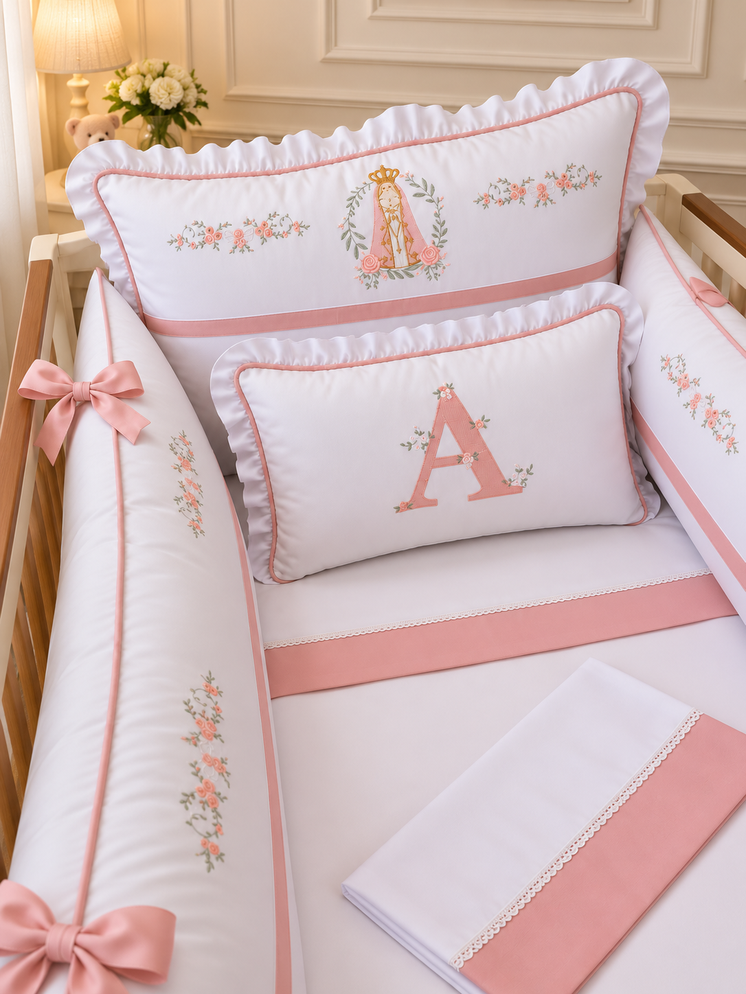 Kit de Berço Jardim de Maria  - 9 Peças - Feminino - Branco/Rose