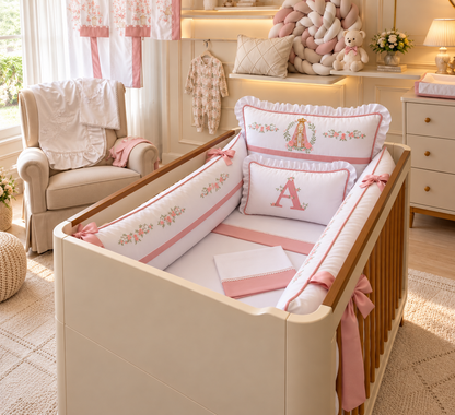 Kit de Berço Jardim de Maria  - 9 Peças - Feminino - Branco/Rose