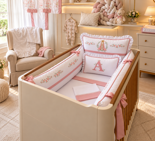 Kit de Berço Jardim de Maria  - 9 Peças - Feminino - Branco/Rose