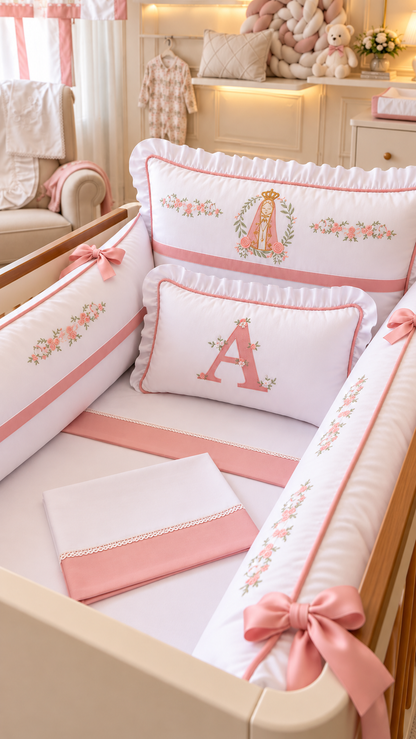 Kit de Berço Jardim de Maria  - 9 Peças - Feminino - Branco/Rose
