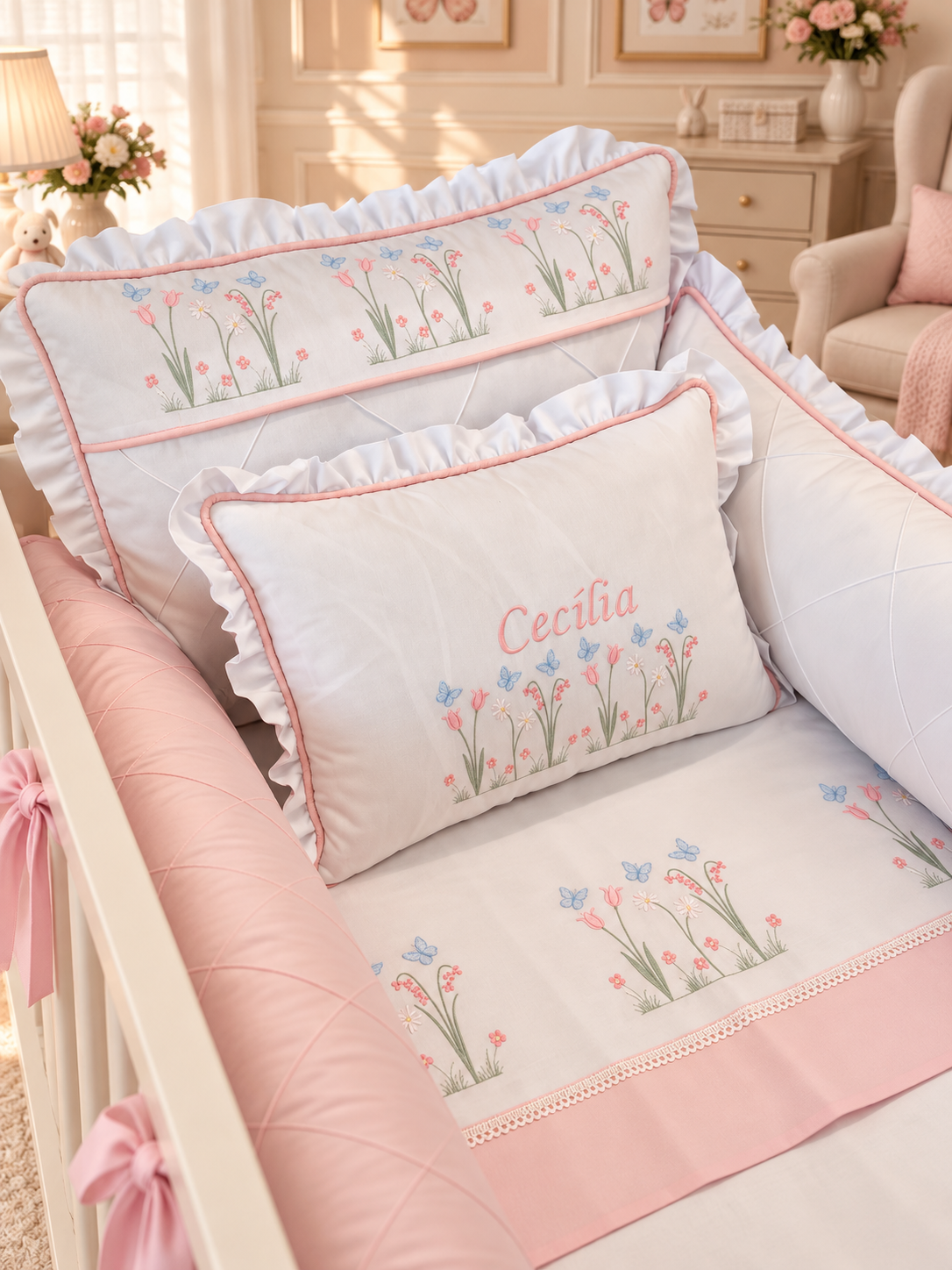 Kit de Berço Jardim dos Sonhos  - 8 Peças - Feminino - Branco/Rosa bebe