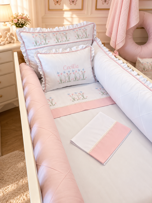Kit de Berço Jardim dos Sonhos  - 8 Peças - Feminino - Branco/Rosa bebe