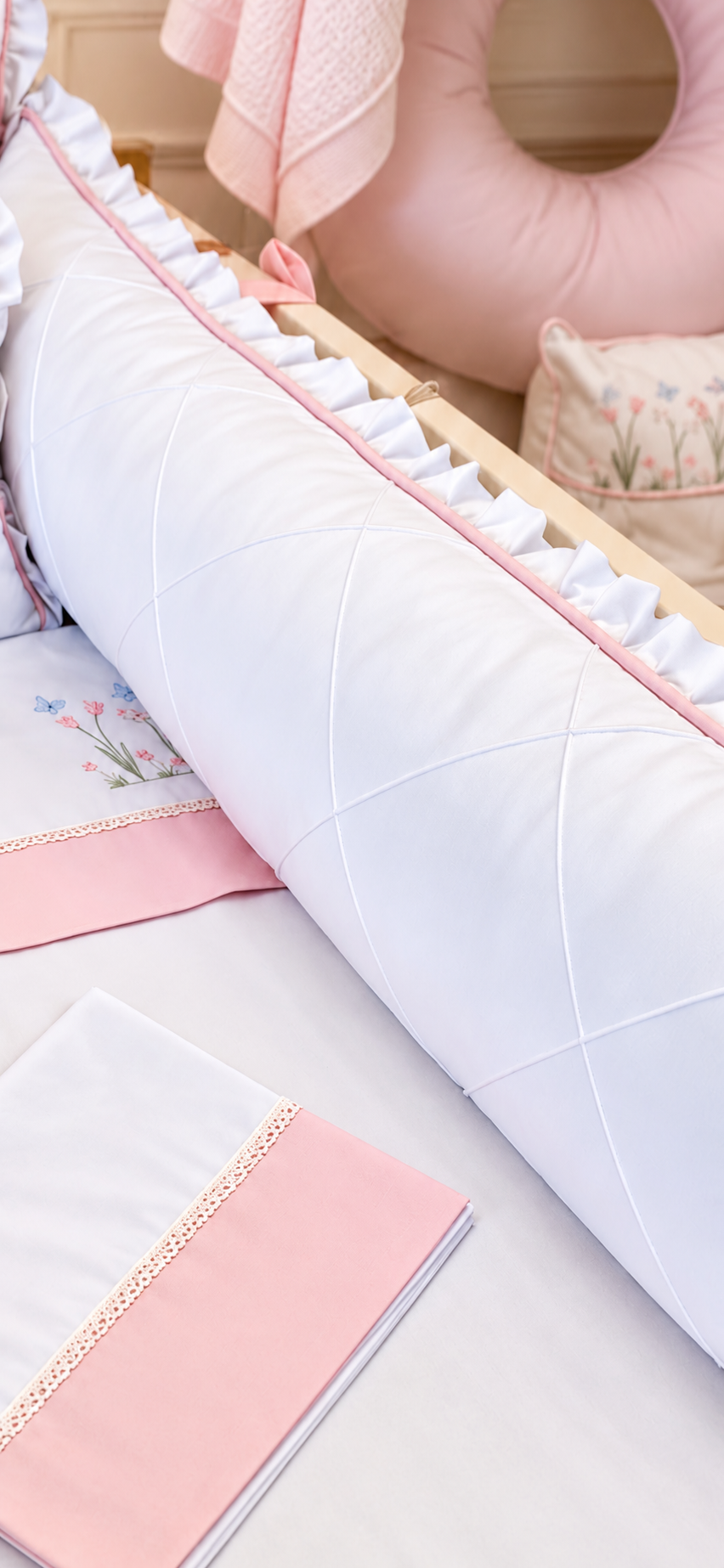 Kit de Berço Jardim dos Sonhos  - 8 Peças - Feminino - Branco/Rosa bebe