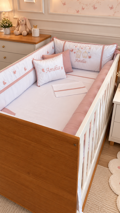 Kit Berço Encantado Luxo Jardim das Borboletas 3D - 8 Peças - Rose/Branco