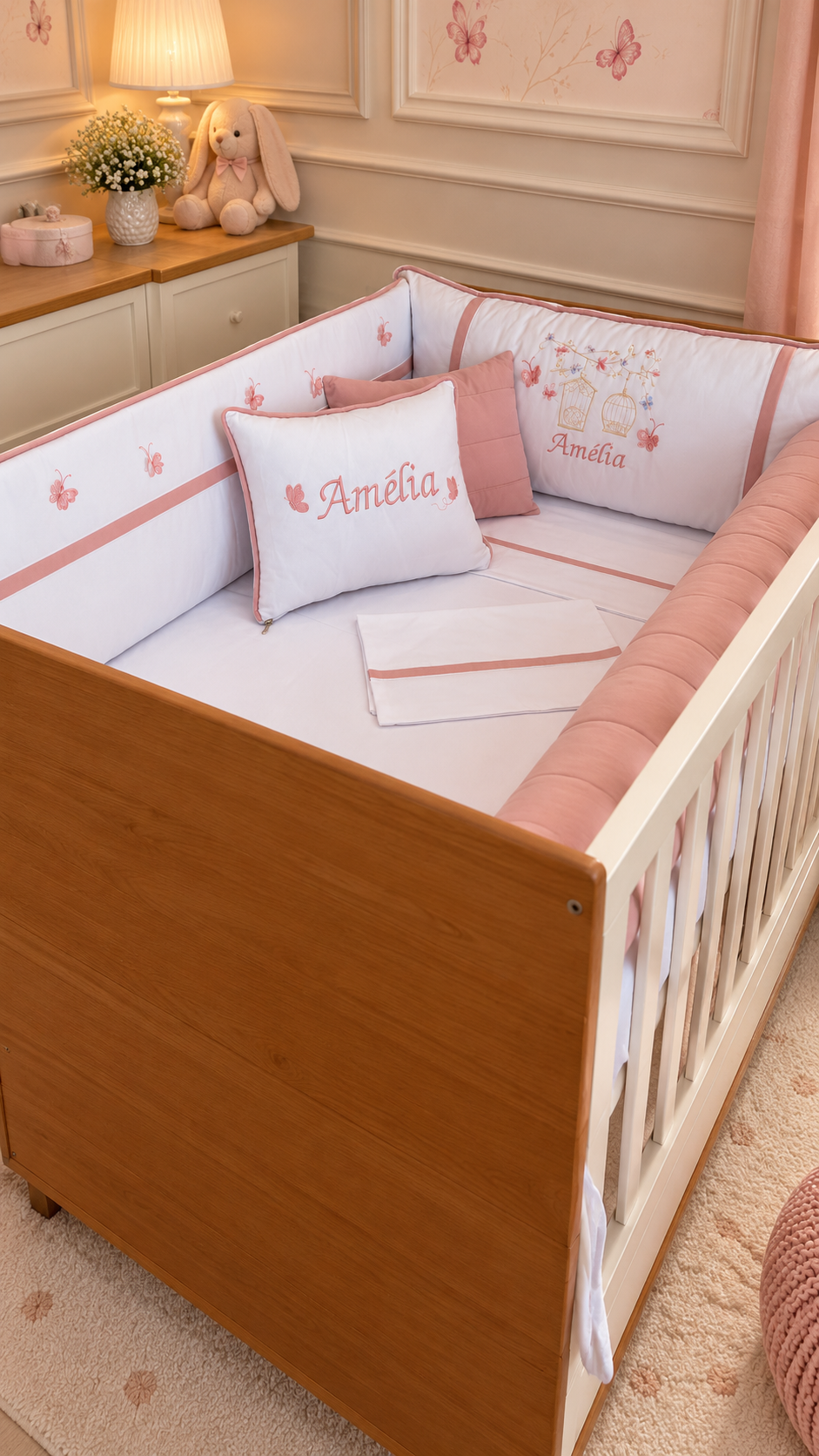 Kit Berço Encantado Luxo Jardim das Borboletas 3D - 8 Peças - Rose/Branco