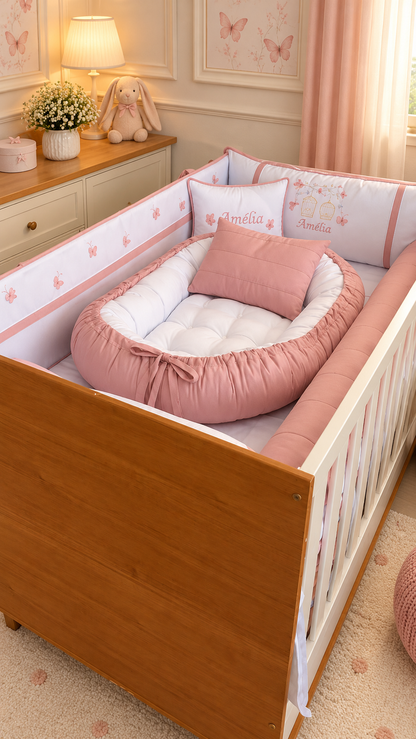 Kit Berço Encantado Luxo Jardim das Borboletas 3D - 8 Peças - Rose/Branco