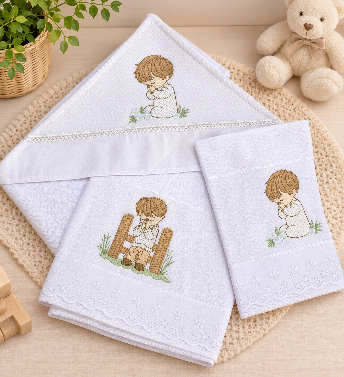 Kit Aconchego Premium-Branco- 3 Peças/ Valletex Premium-Menino Orando