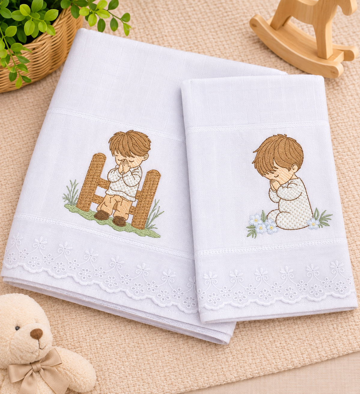 Kit Aconchego Premium-Branco- 3 Peças/ Valletex Premium-Menino Orando