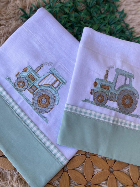 Kit 2 Peças Luxo- Fralda / Lenço de Boca-Valletex-Verde Menta-Trator