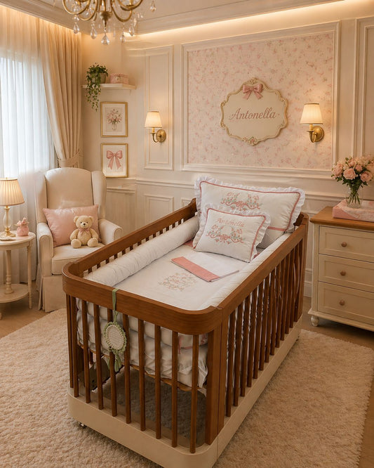 Kit Berço Encanto Luxo - 8 Peças - Rose/Branco-feminino