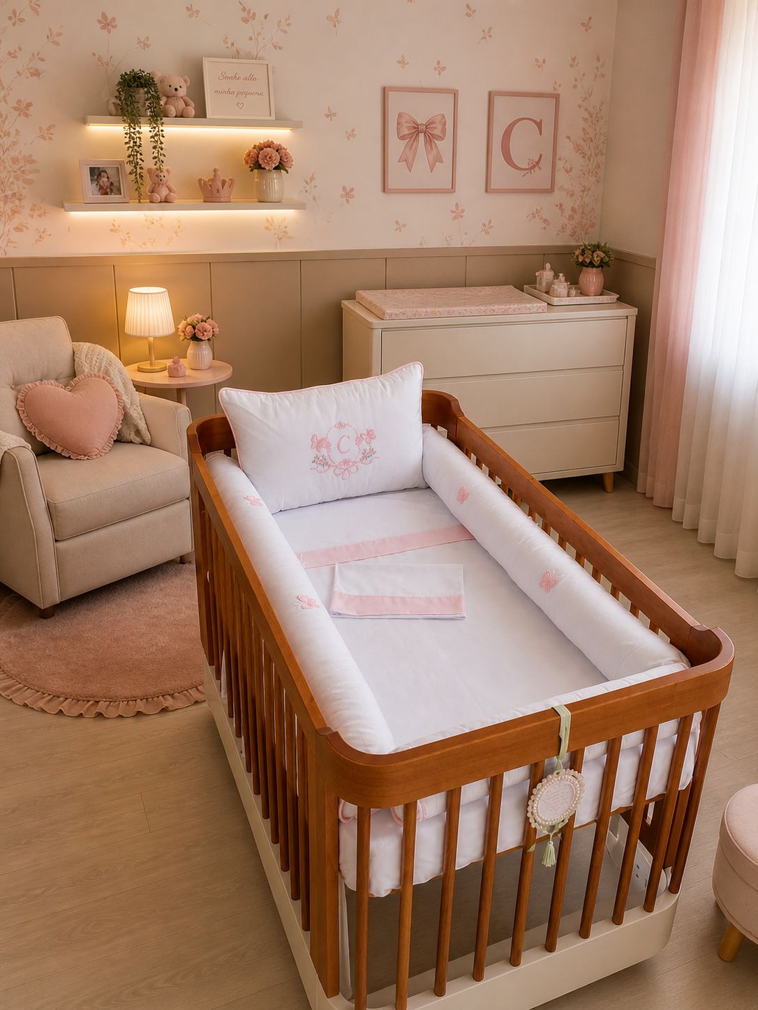 Kit Berço Encanto Luxo borboletas 3D- 7 Peças - Rosa bebe/branco