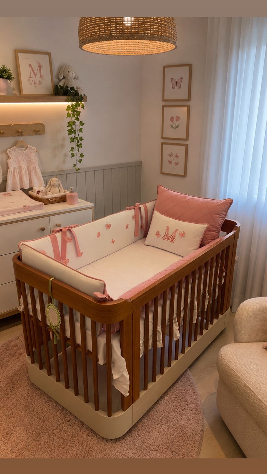 Kit Berço Encantado Luxo  Borboletas 3D- 8 Peças - Rose/Branco-feminino