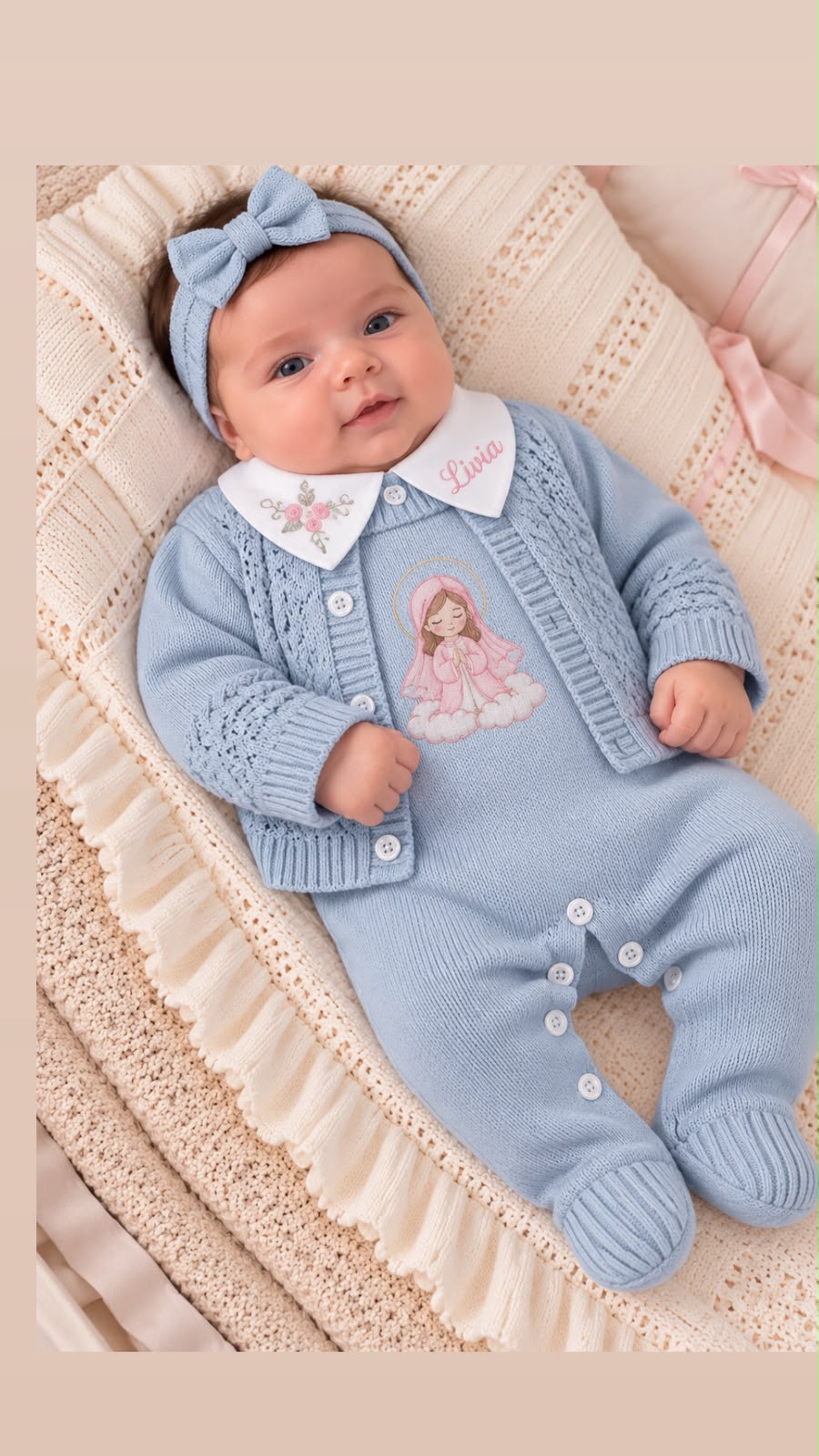 Saida Maternidade Linha 4 pecas Azul Bebe  -Personalizada com Nossa Senhora das Gracas