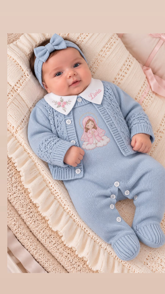 Saida Maternidade Linha 4 pecas Azul Bebe  -Personalizada com Nossa Senhora das Gracas