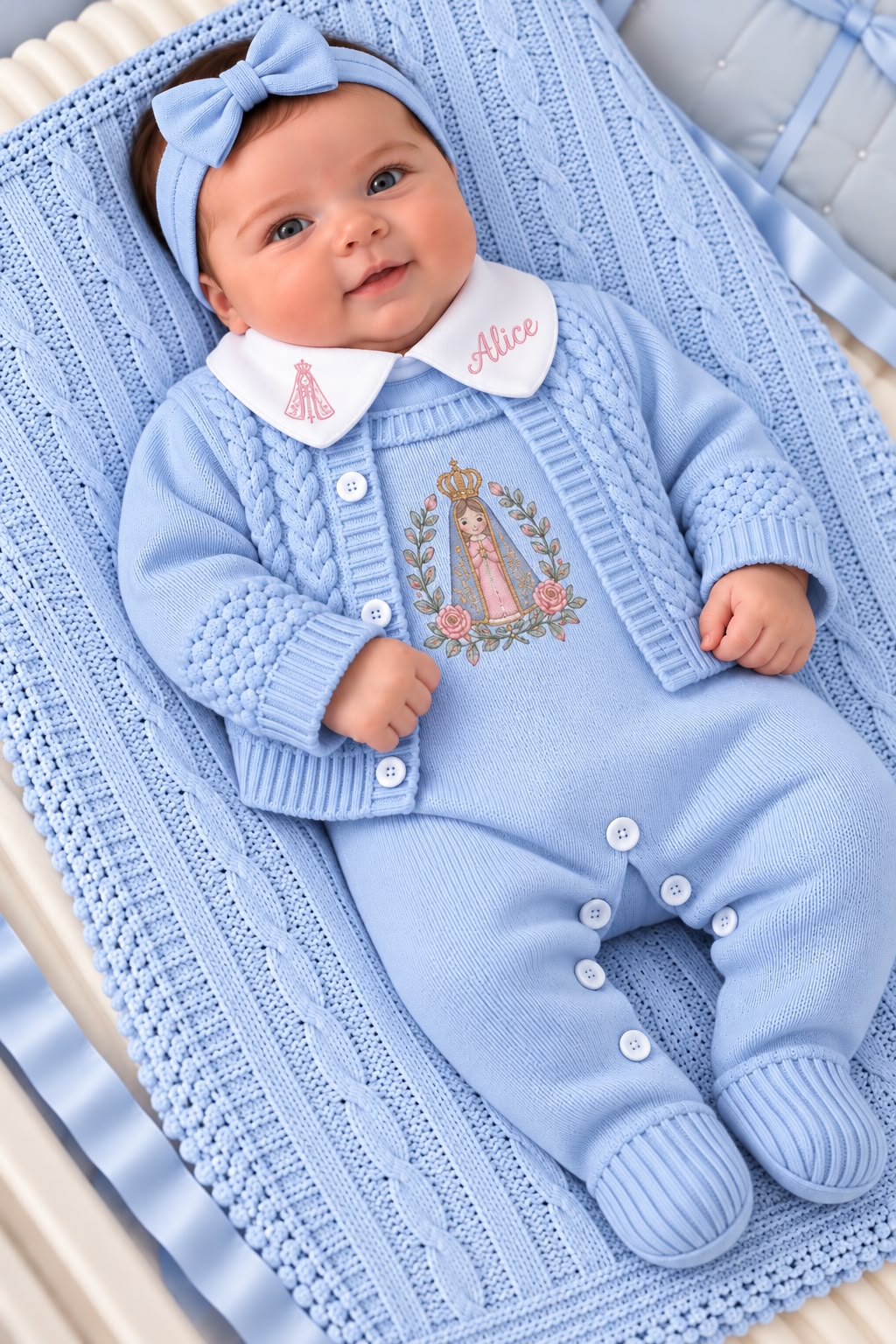 Saida Maternidade Linha 4 pecas Azul Bebe  -Personalizada com Nossa Senhora Aparecida