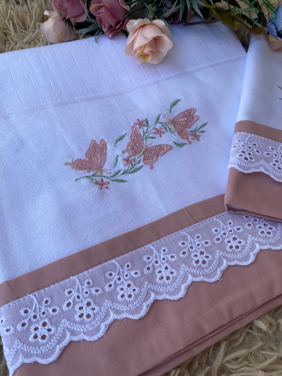 Kit 2 Peças Luxo- Fralda / Lenço de Boca-Valletex-Rose Escuro-Borboletas no Galho