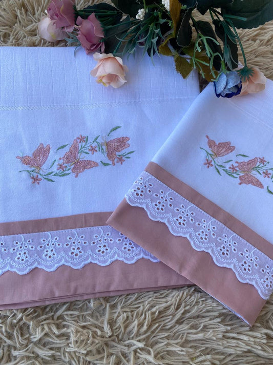 Kit 2 Peças Luxo- Fralda / Lenço de Boca-Valletex-Rose Escuro-Borboletas no Galho