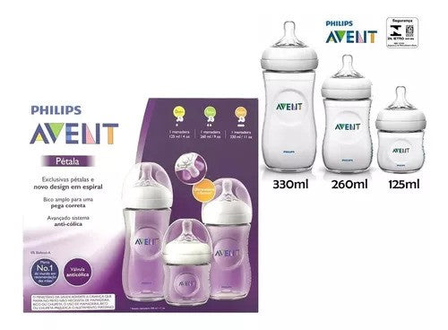 Kit 3 Mamadeiras Avent Pétala Anticólica Bicos 0m+, 1m+, 6m+