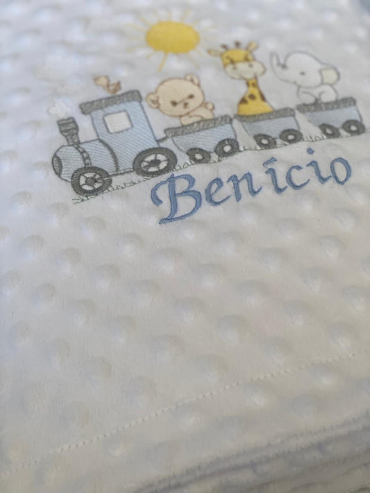 Manta Bubble Classic - Branco-Trenzinho Safari- Azul Bebe-