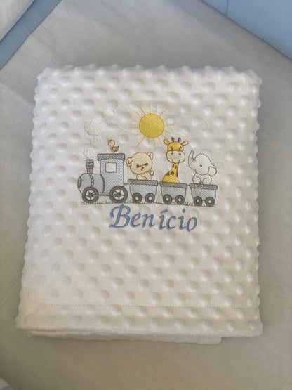 Manta Bubble Classic - Branco-Trenzinho Safari- Azul Bebe-