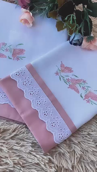 Kit 2 Peças Luxo- Fralda / Lenço de Boca-Valletex-Rose Escuro-Borboletas no Galho