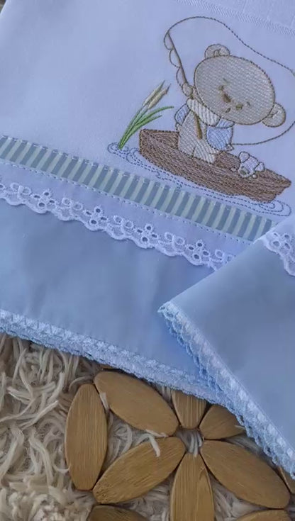 Kit 2 Peças Luxo- Fralda / Lenço de Boca-Valletex-Azul Bebe-Urso Pescador